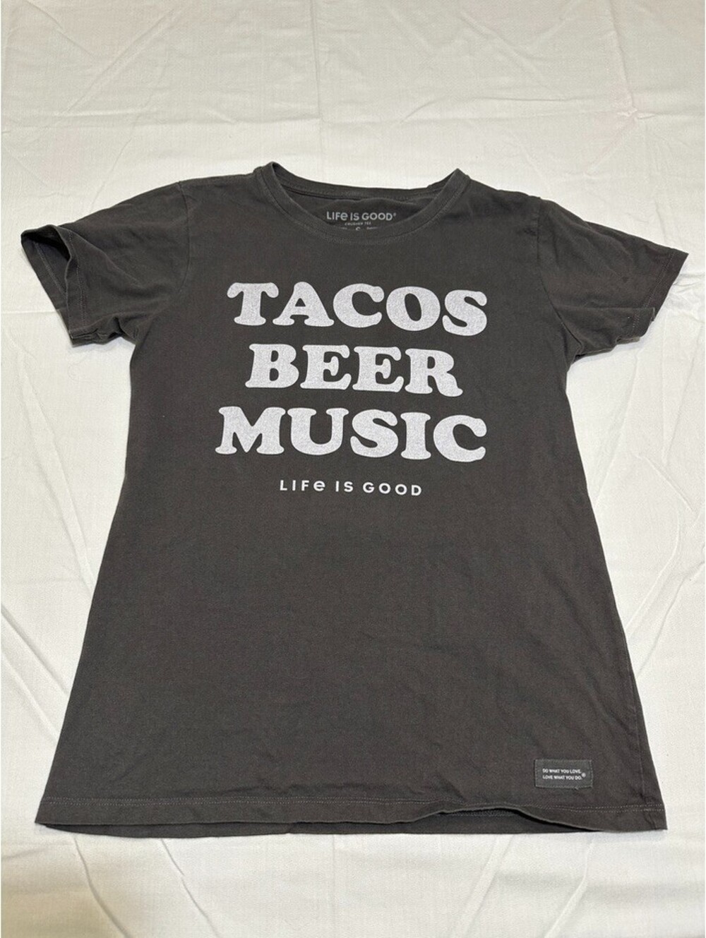 Life Is Good Shirt Womens Small Grey Tacos Beer Music Graphic Crusher t-shirt
